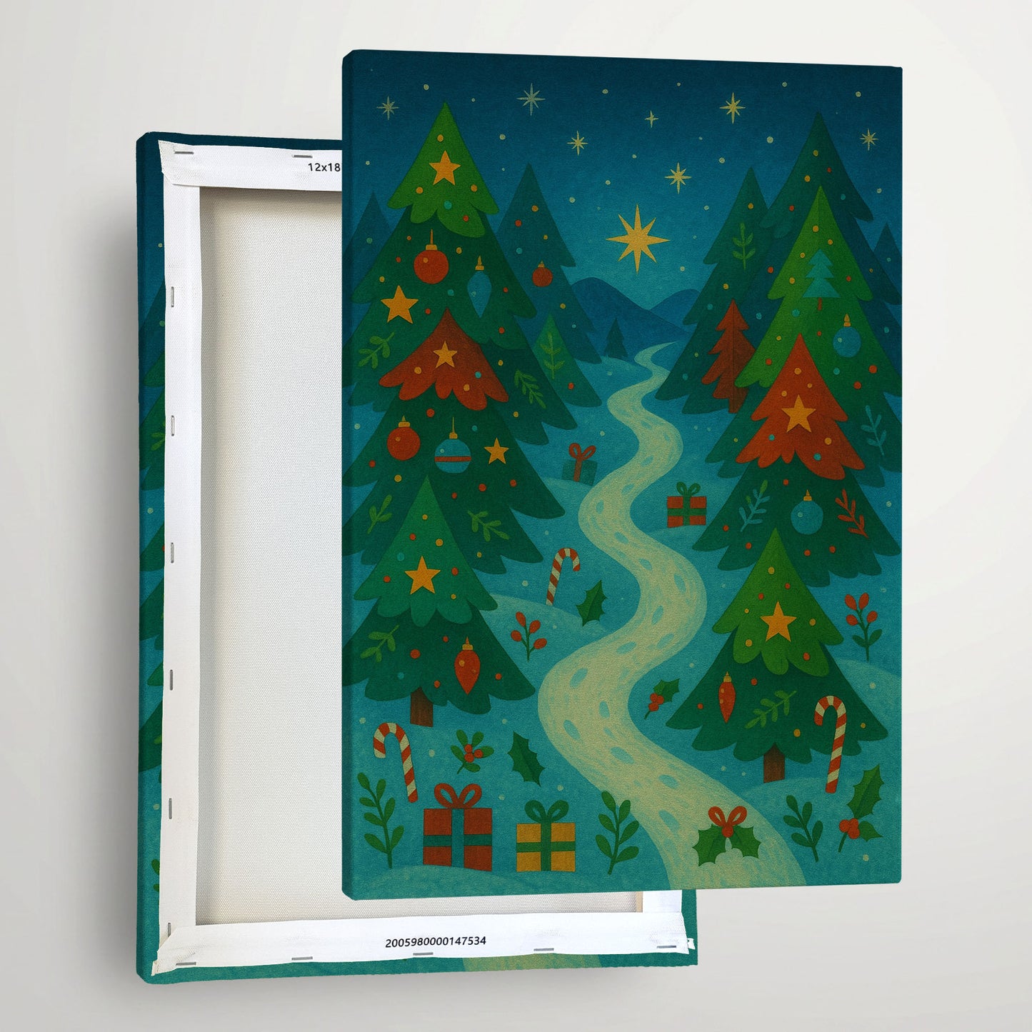 Snowy Mountain Village – Christmas Landscape Illustration Canvas Wall Art