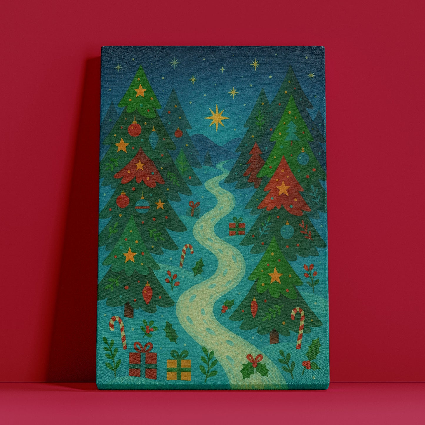 Snowy Mountain Village – Christmas Landscape Illustration Canvas Wall Art