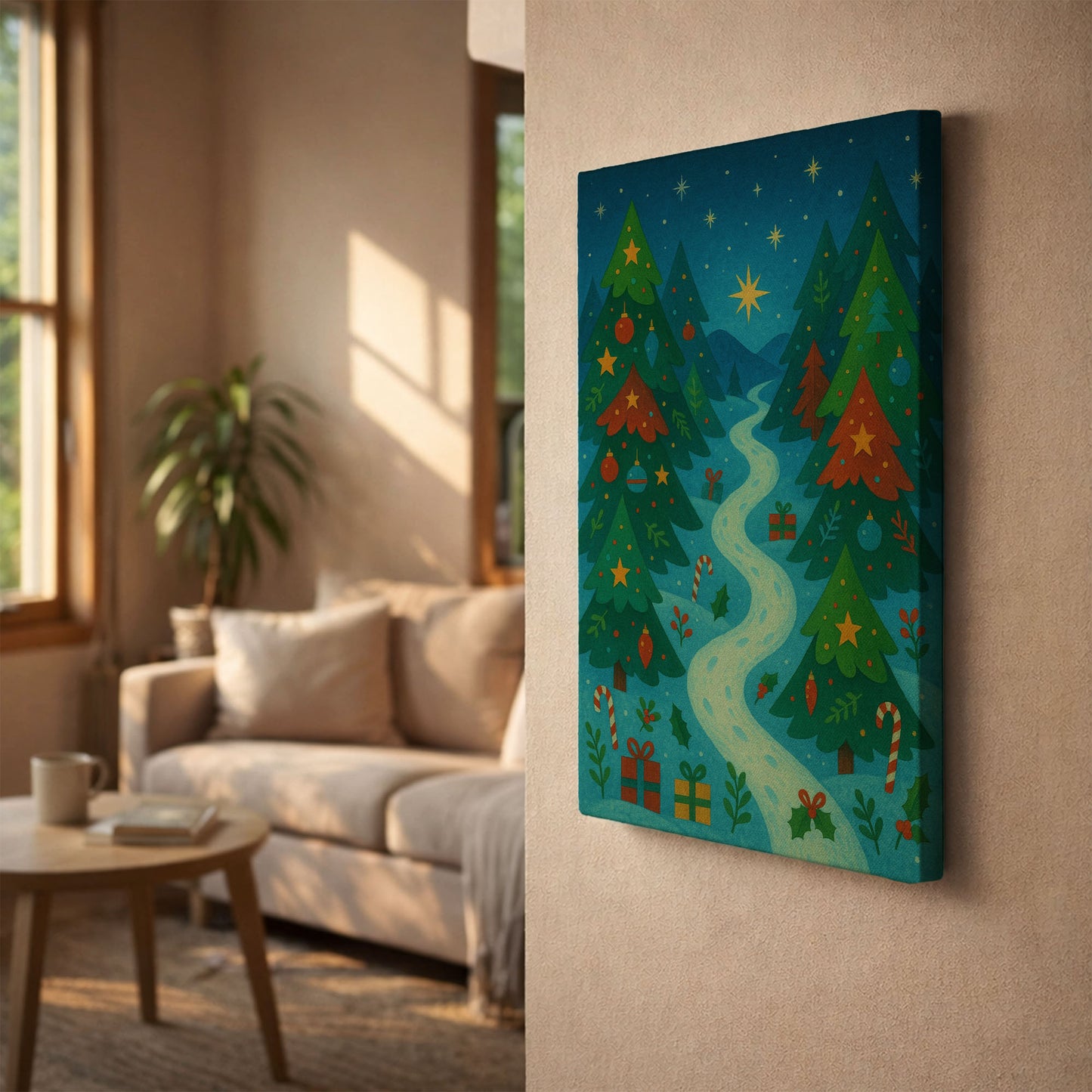 Snowy Mountain Village – Christmas Landscape Illustration Canvas Wall Art