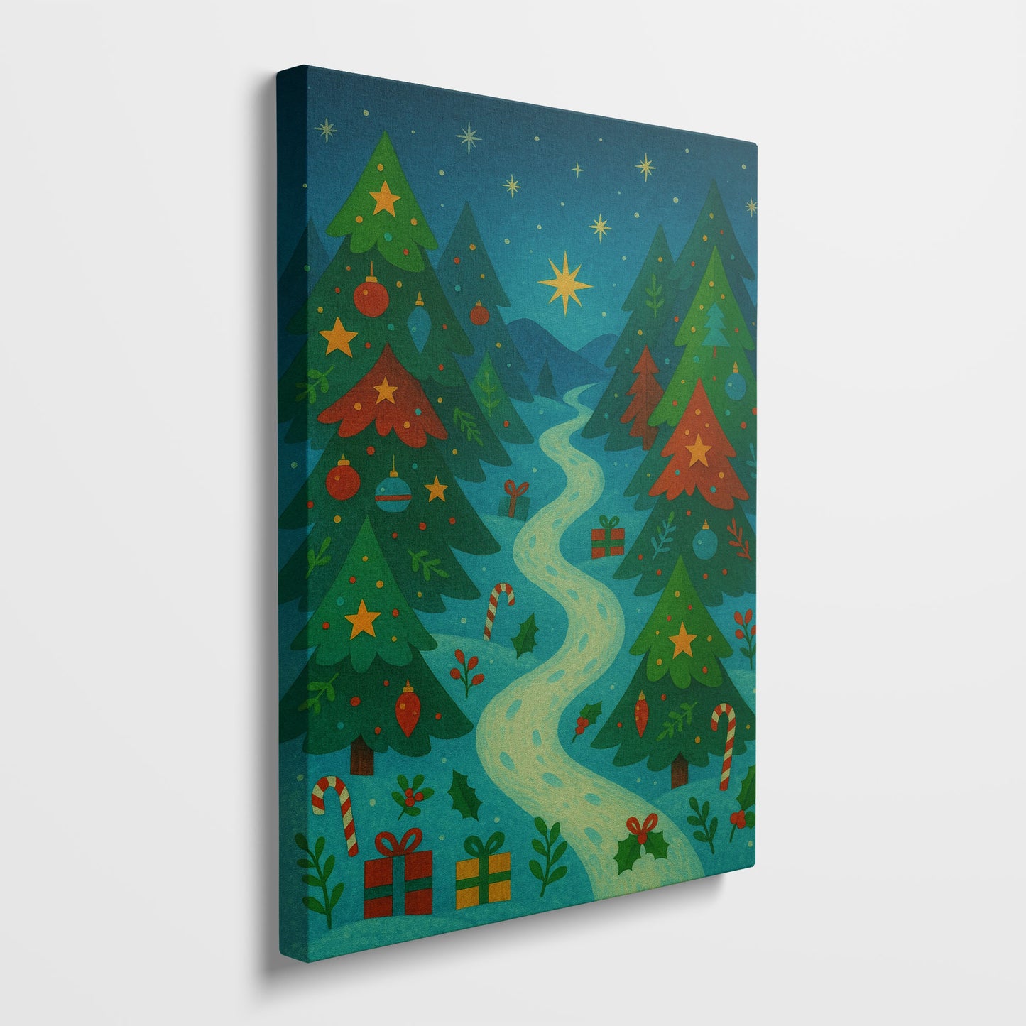 Snowy Mountain Village – Christmas Landscape Illustration Canvas Wall Art