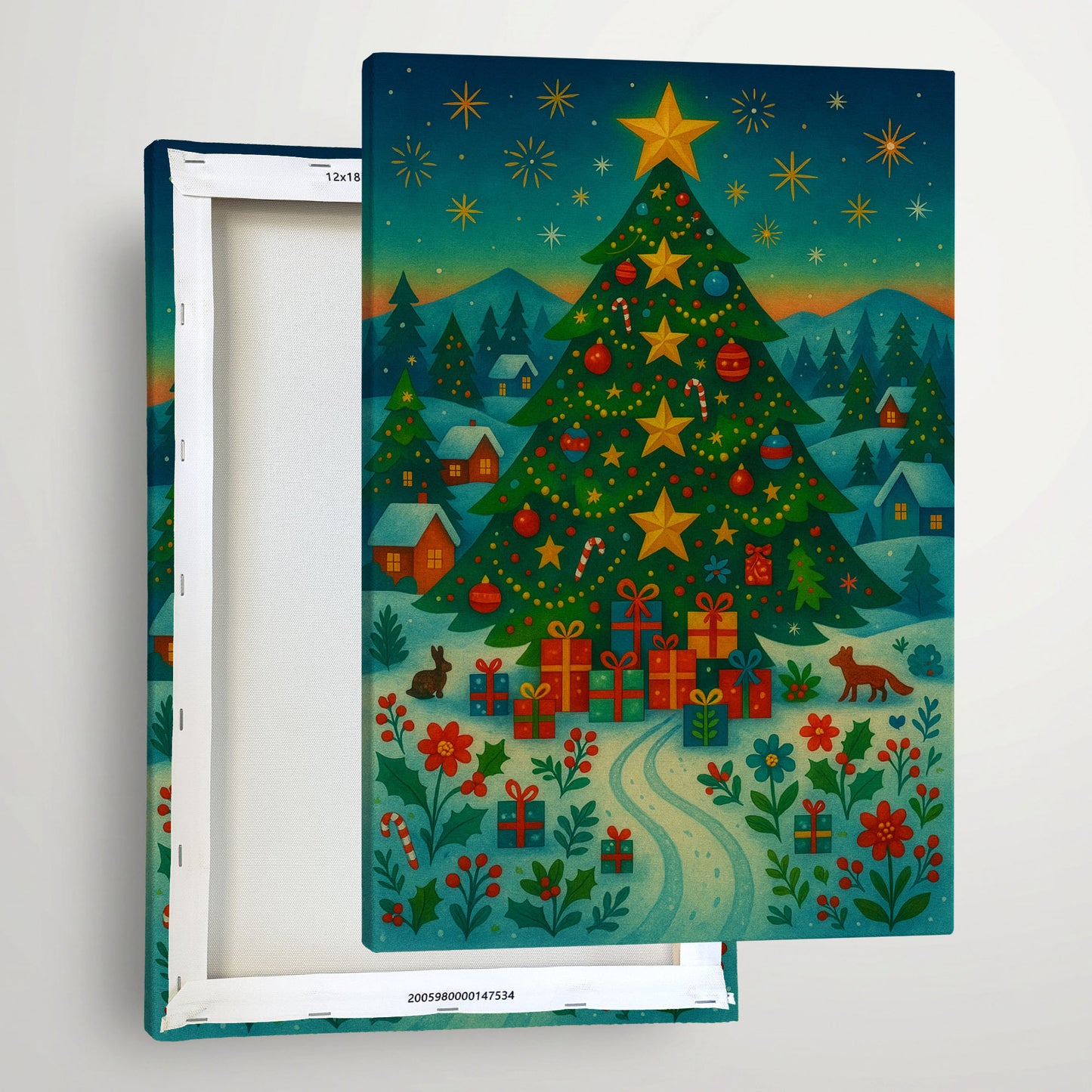 Golden Star Holiday – Christmas Illustration Canvas Wall Art