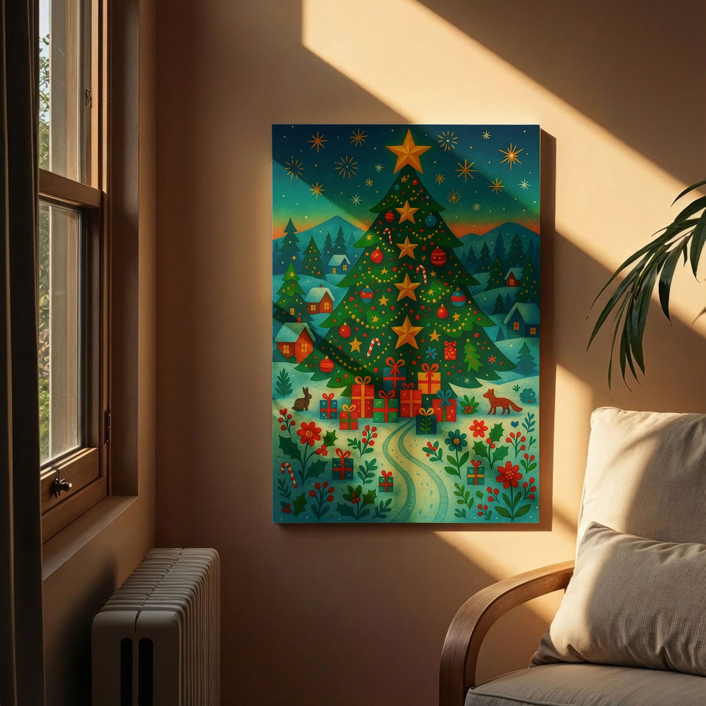 Golden Star Holiday – Christmas Illustration Canvas Wall Art