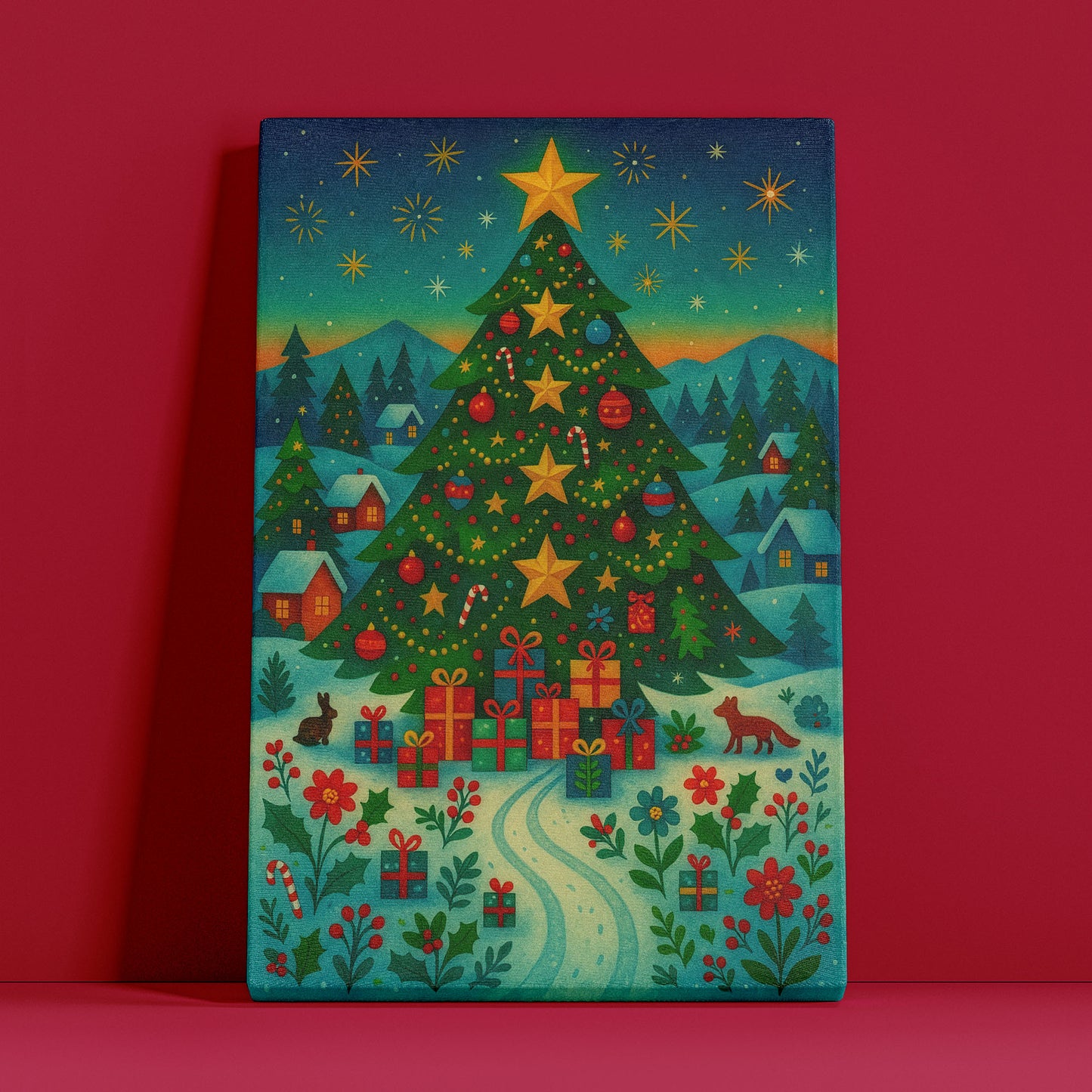 Golden Star Holiday – Christmas Illustration Canvas Wall Art