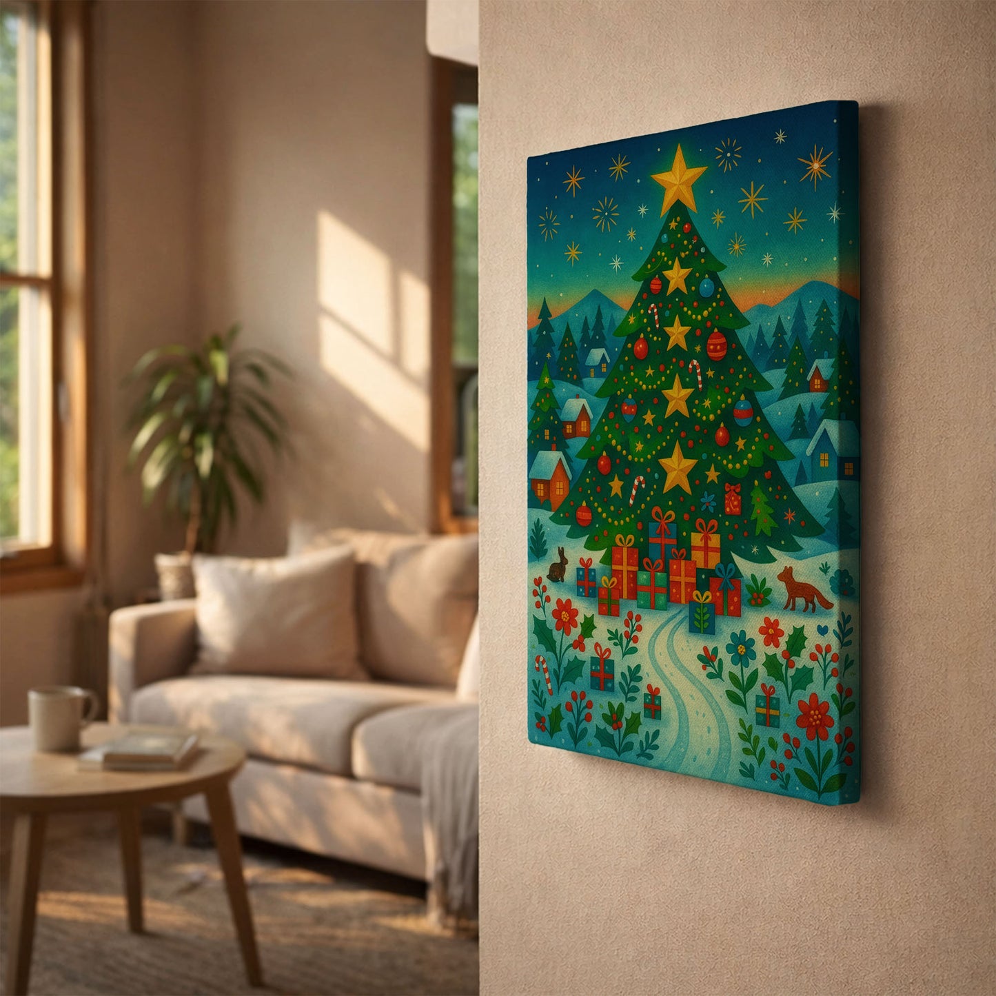 Golden Star Holiday – Christmas Illustration Canvas Wall Art