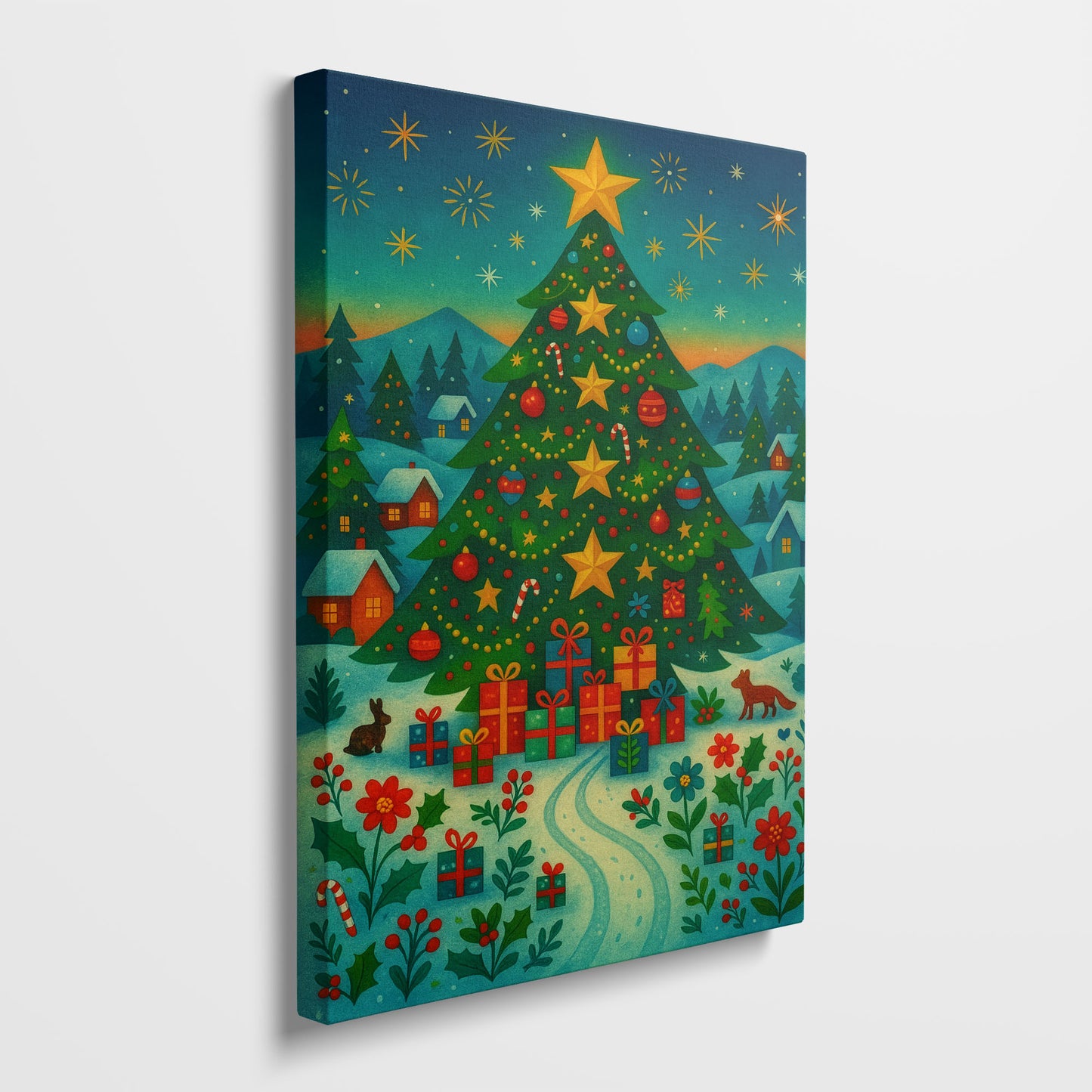 Golden Star Holiday – Christmas Illustration Canvas Wall Art