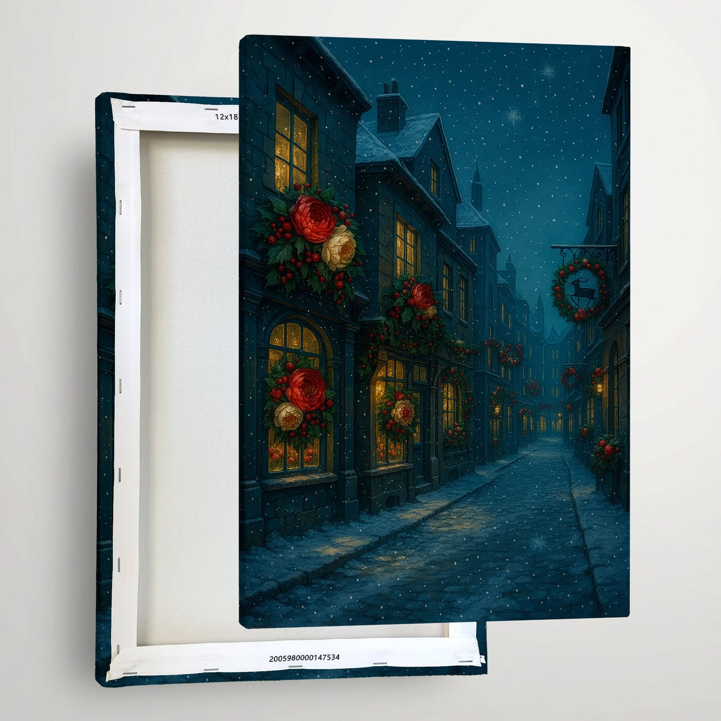 Snowy Christmas Street Canvas Wall Art – Cozy Holiday Night Scene