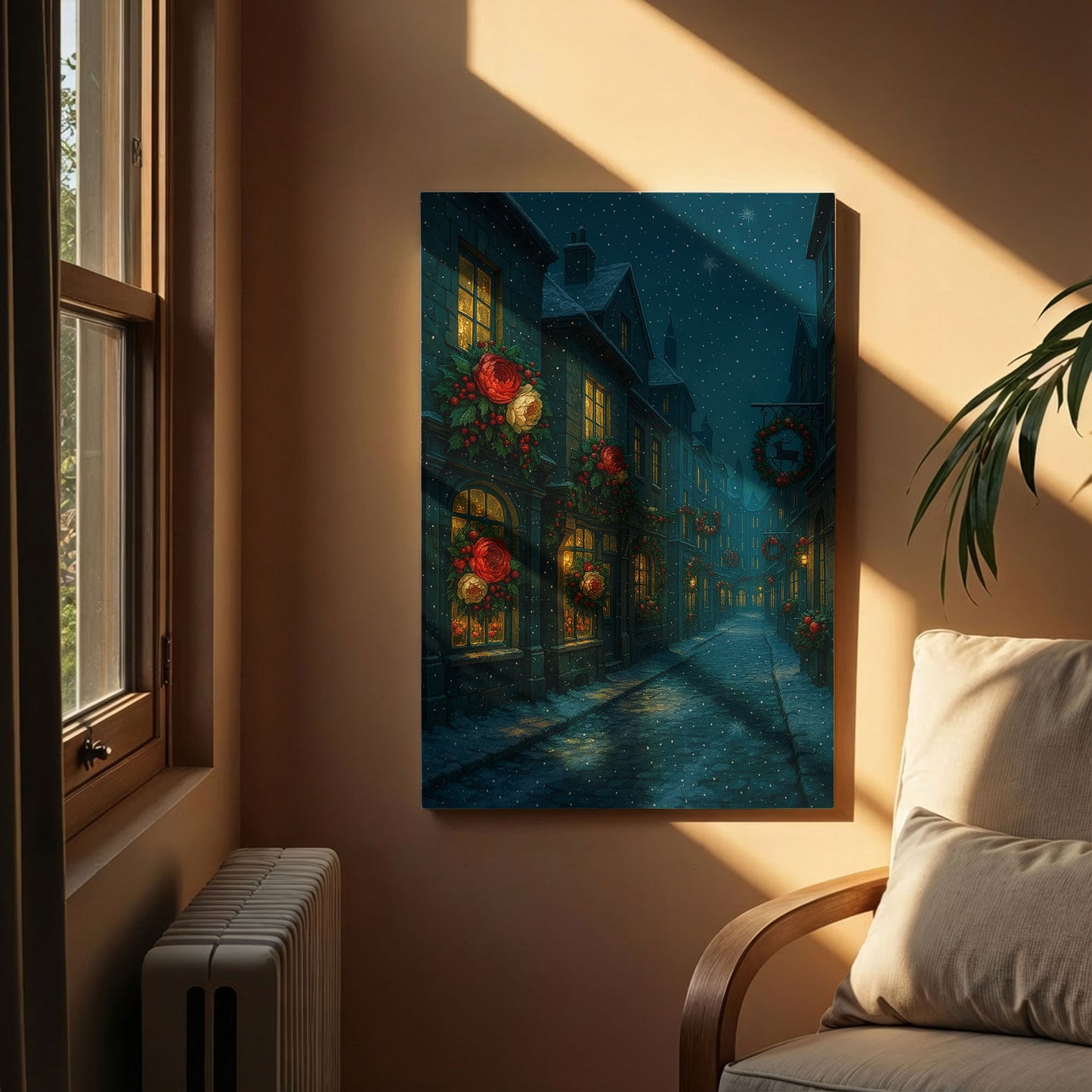 Snowy Christmas Street Canvas Wall Art – Cozy Holiday Night Scene