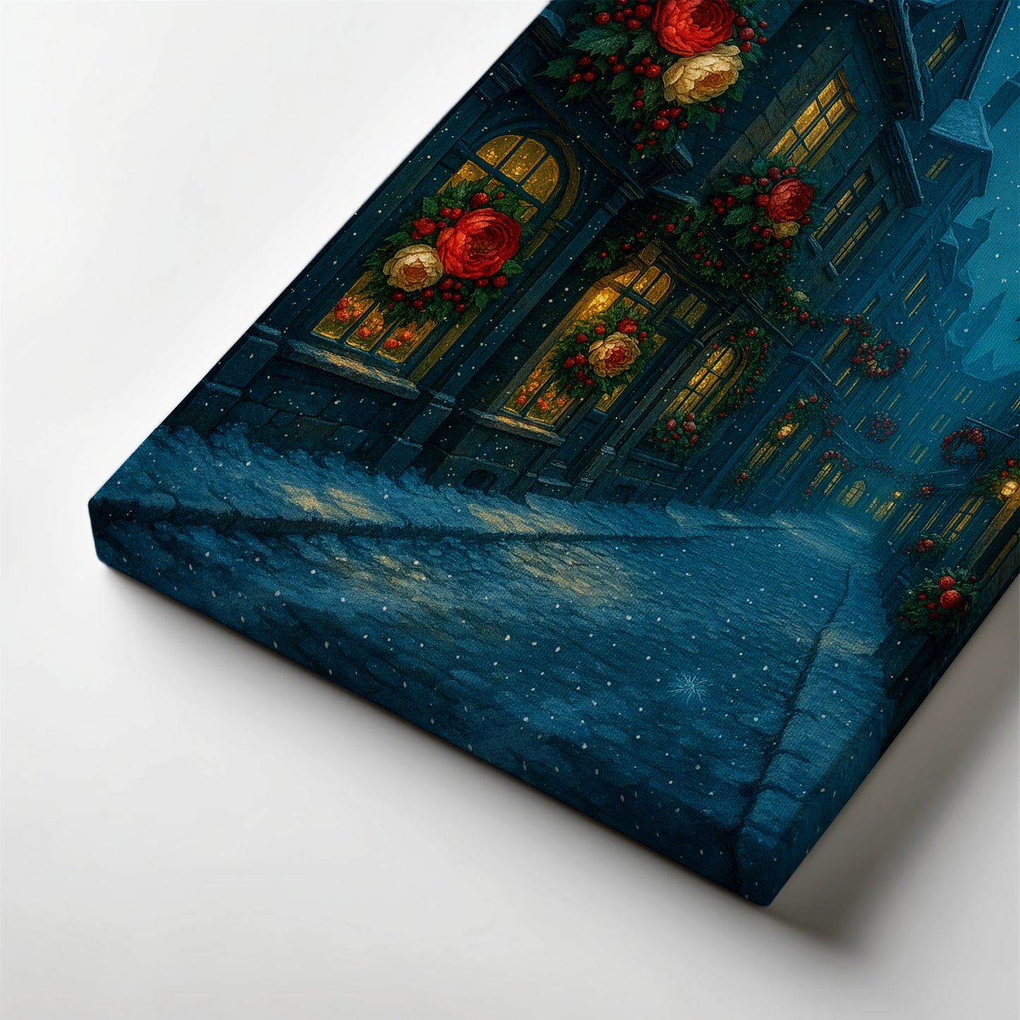 Snowy Christmas Street Canvas Wall Art – Cozy Holiday Night Scene