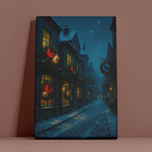Snowy Christmas Street Canvas Wall Art – Cozy Holiday Night Scene