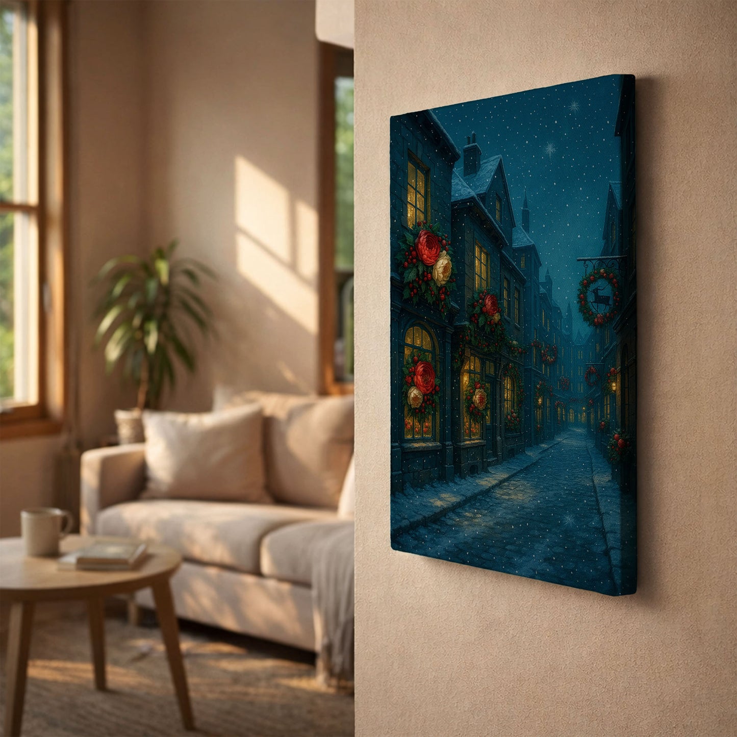 Snowy Christmas Street Canvas Wall Art – Cozy Holiday Night Scene