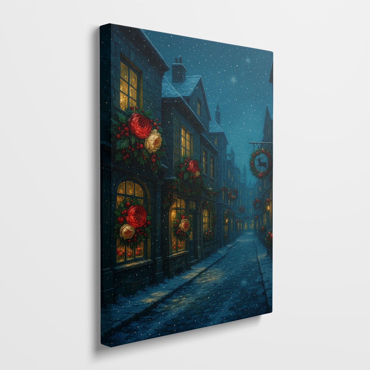Snowy Christmas Street Canvas Wall Art – Cozy Holiday Night Scene