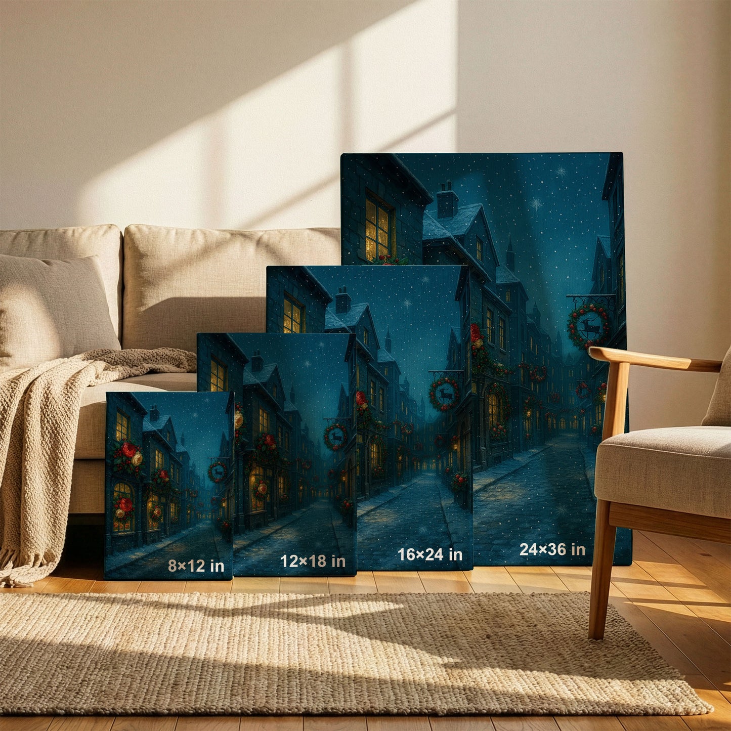Snowy Christmas Street Canvas Wall Art – Cozy Holiday Night Scene