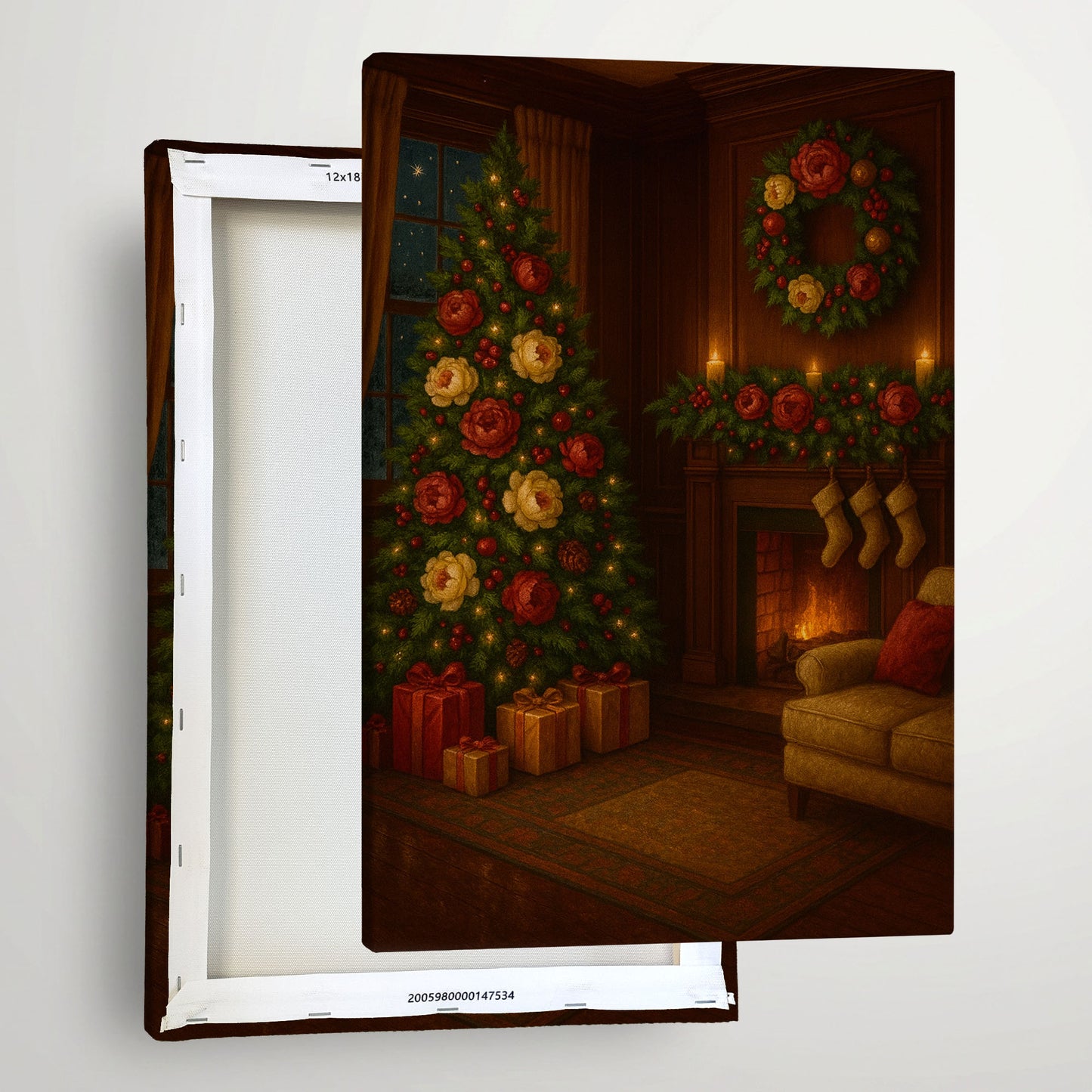 Christmas Living Room Canvas Wall Art – Cozy Holiday Interior Scene