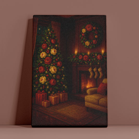 Christmas Living Room Canvas Wall Art – Cozy Holiday Interior Scene
