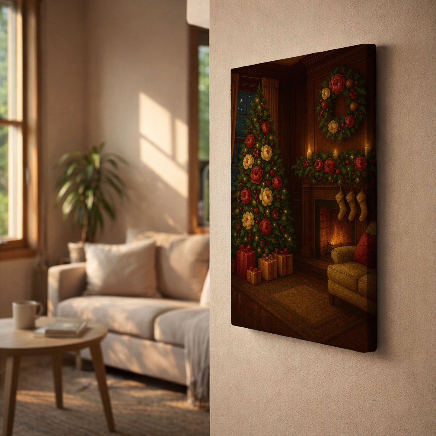 Christmas Living Room Canvas Wall Art – Cozy Holiday Interior Scene