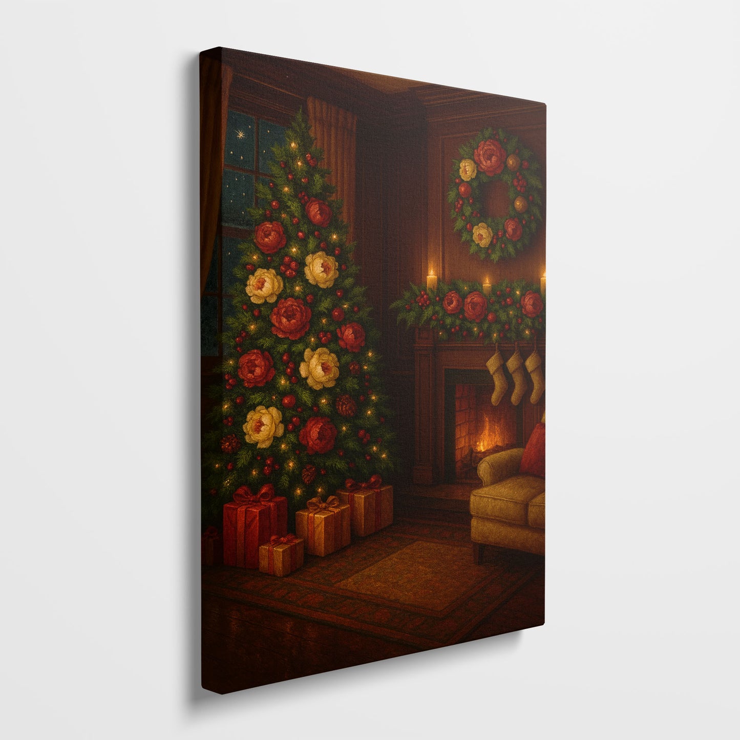 Christmas Living Room Canvas Wall Art – Cozy Holiday Interior Scene