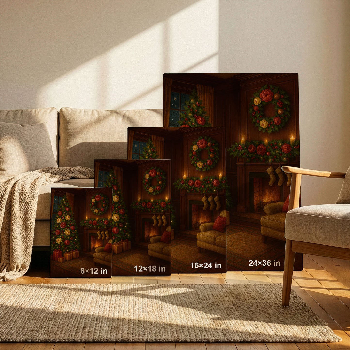 Christmas Living Room Canvas Wall Art – Cozy Holiday Interior Scene