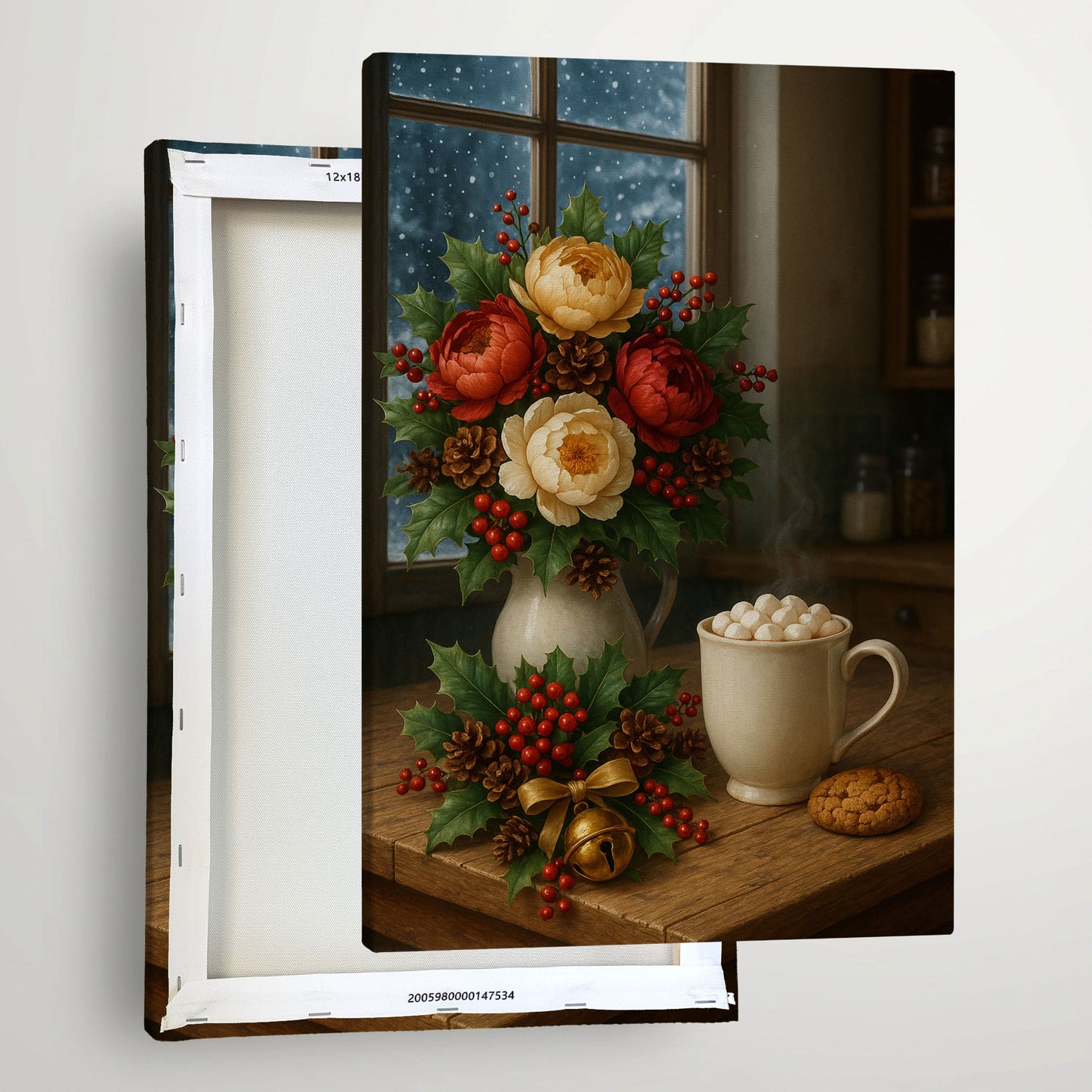 Christmas Floral Still Life Canvas Wall Art – Cozy Holiday Decor