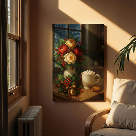 Christmas Floral Still Life Canvas Wall Art – Cozy Holiday Decor
