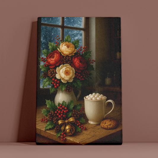 Christmas Floral Still Life Canvas Wall Art – Cozy Holiday Decor