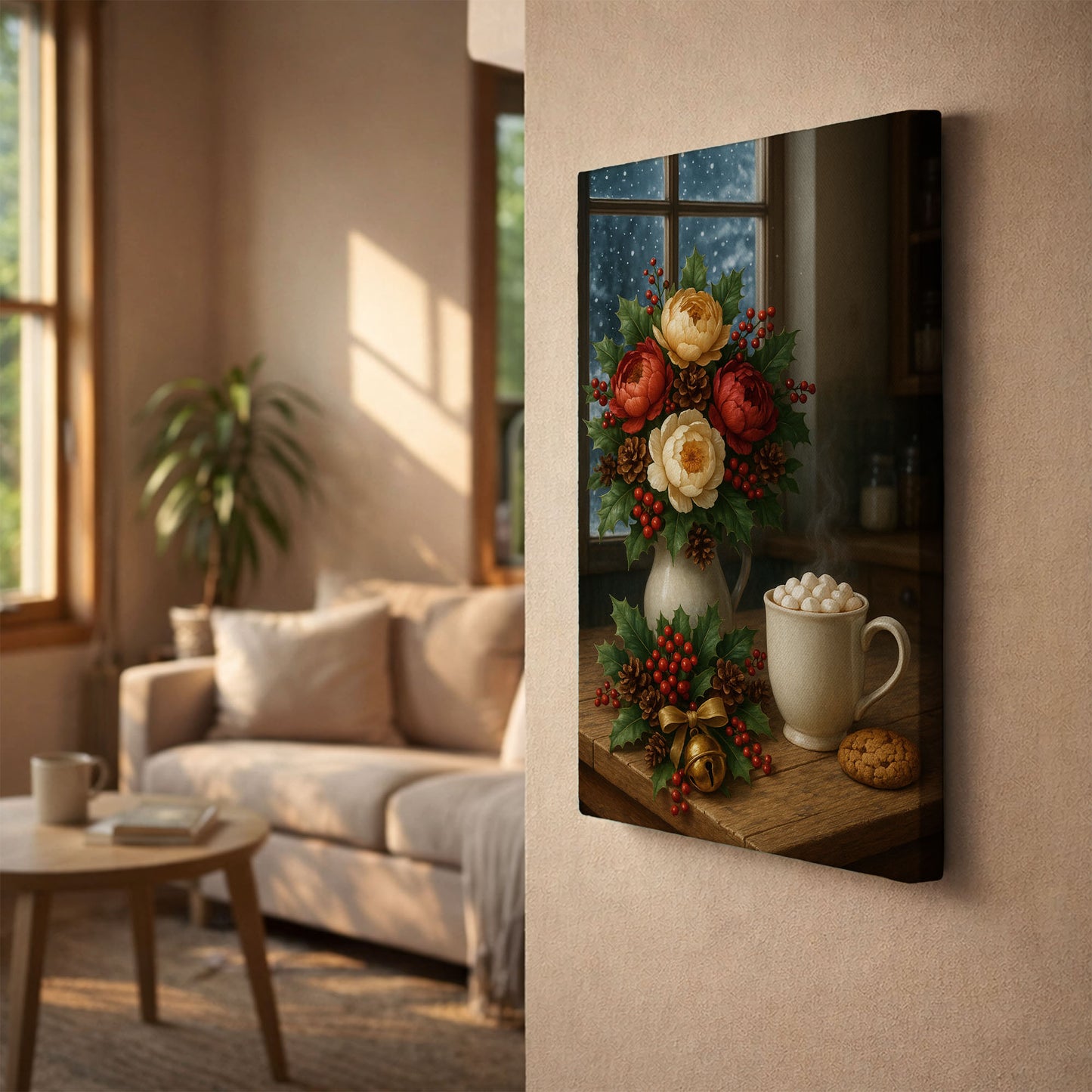 Christmas Floral Still Life Canvas Wall Art – Cozy Holiday Decor