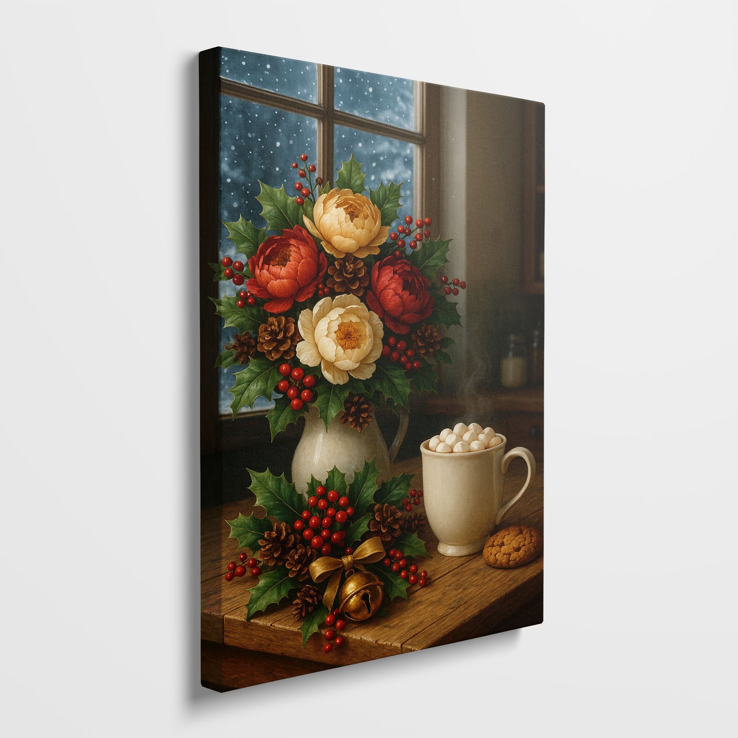 Christmas Floral Still Life Canvas Wall Art – Cozy Holiday Decor