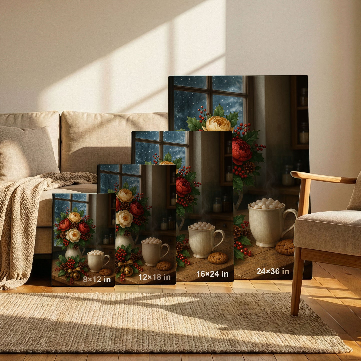 Christmas Floral Still Life Canvas Wall Art – Cozy Holiday Decor