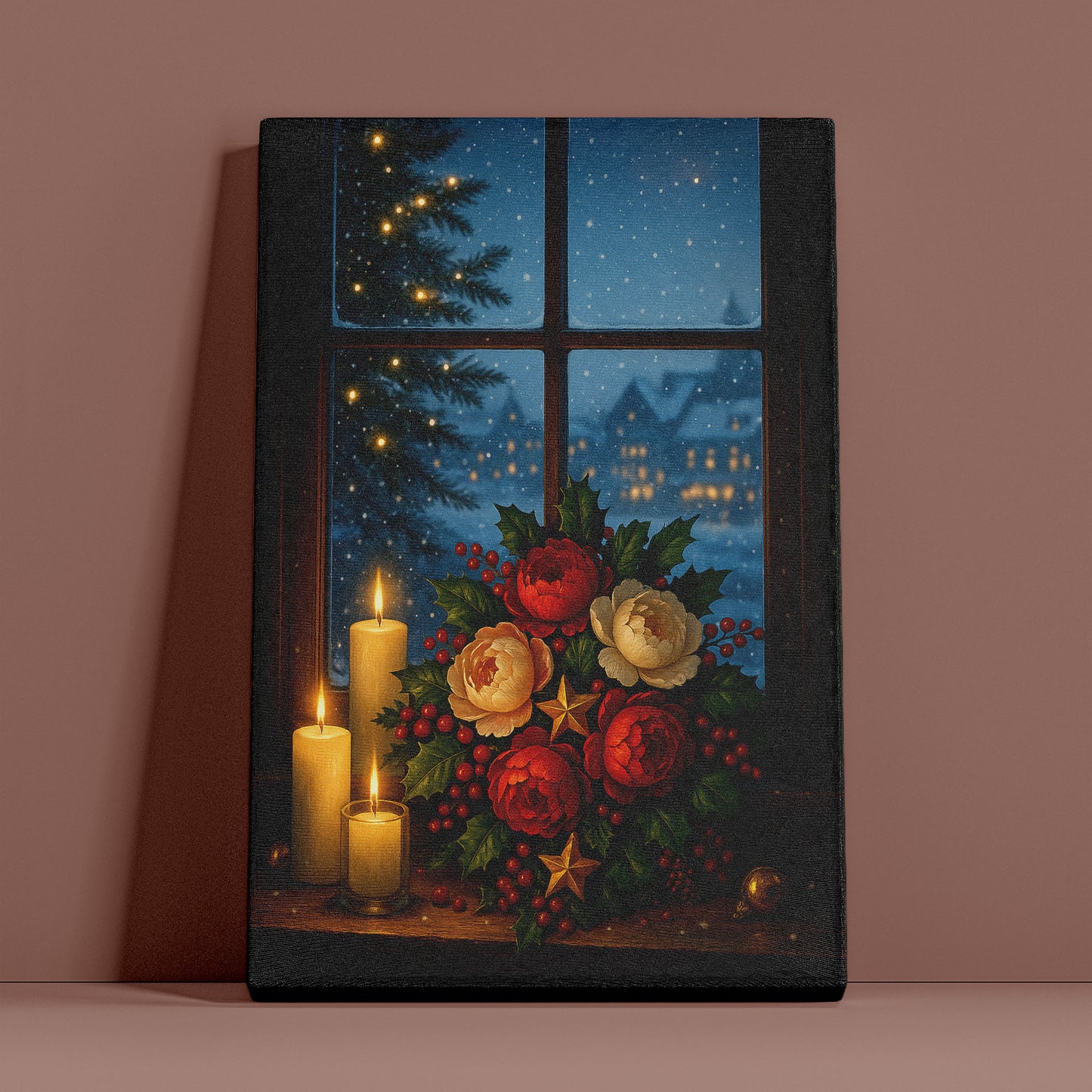 Christmas Window Canvas Wall Art – Cozy Winter Holiday Scene
