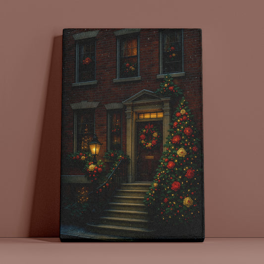 Christmas Townhouse Canvas Wall Art – Elegant Holiday Exterior Scene