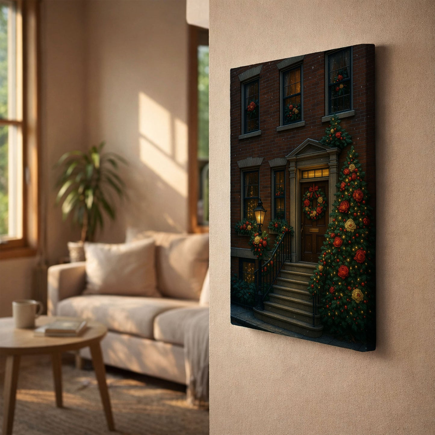 Christmas Townhouse Canvas Wall Art – Elegant Holiday Exterior Scene