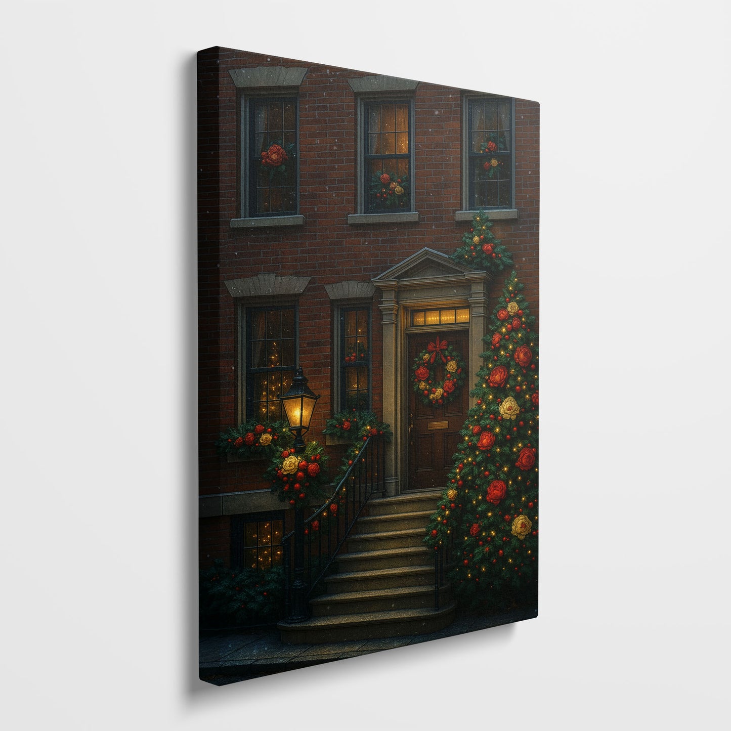Christmas Townhouse Canvas Wall Art – Elegant Holiday Exterior Scene