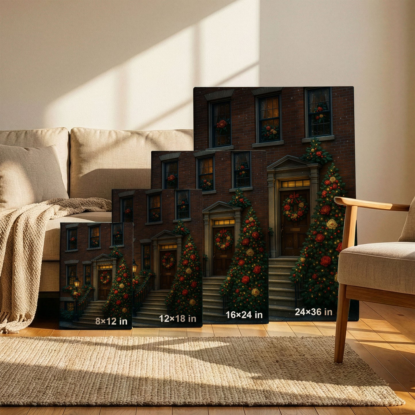 Christmas Townhouse Canvas Wall Art – Elegant Holiday Exterior Scene