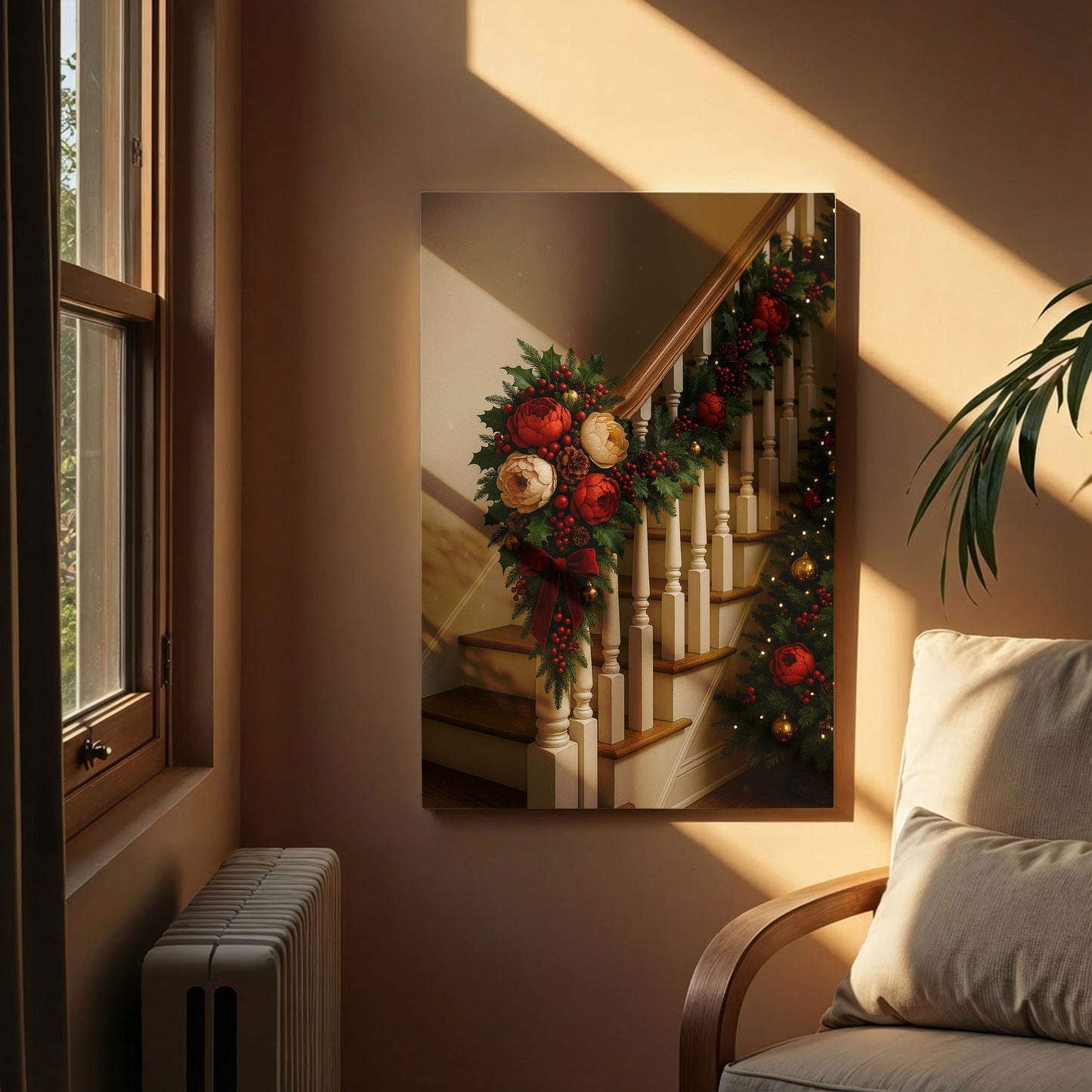 Christmas Staircase Canvas Wall Art – Cozy Holiday Home Decor