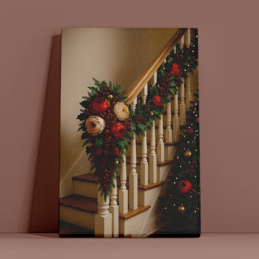 Christmas Staircase Canvas Wall Art – Cozy Holiday Home Decor