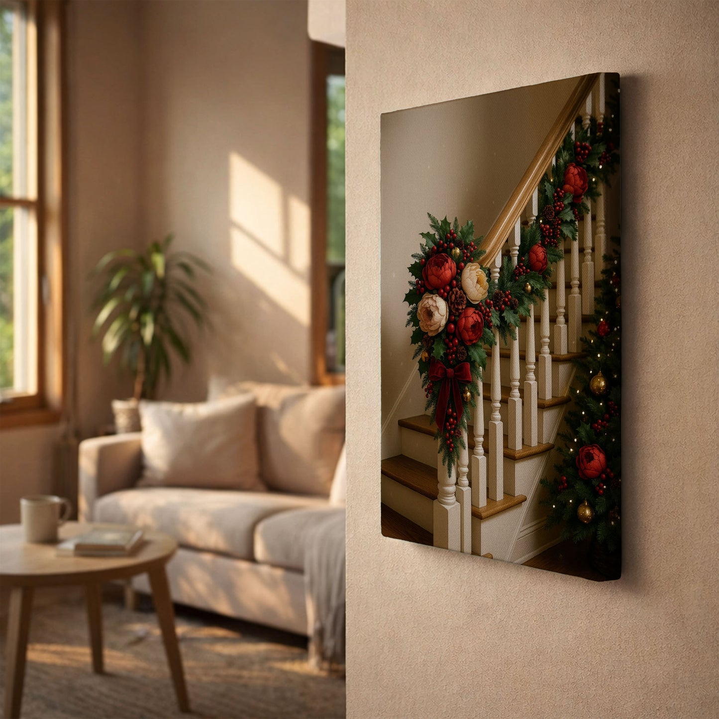 Christmas Staircase Canvas Wall Art – Cozy Holiday Home Decor