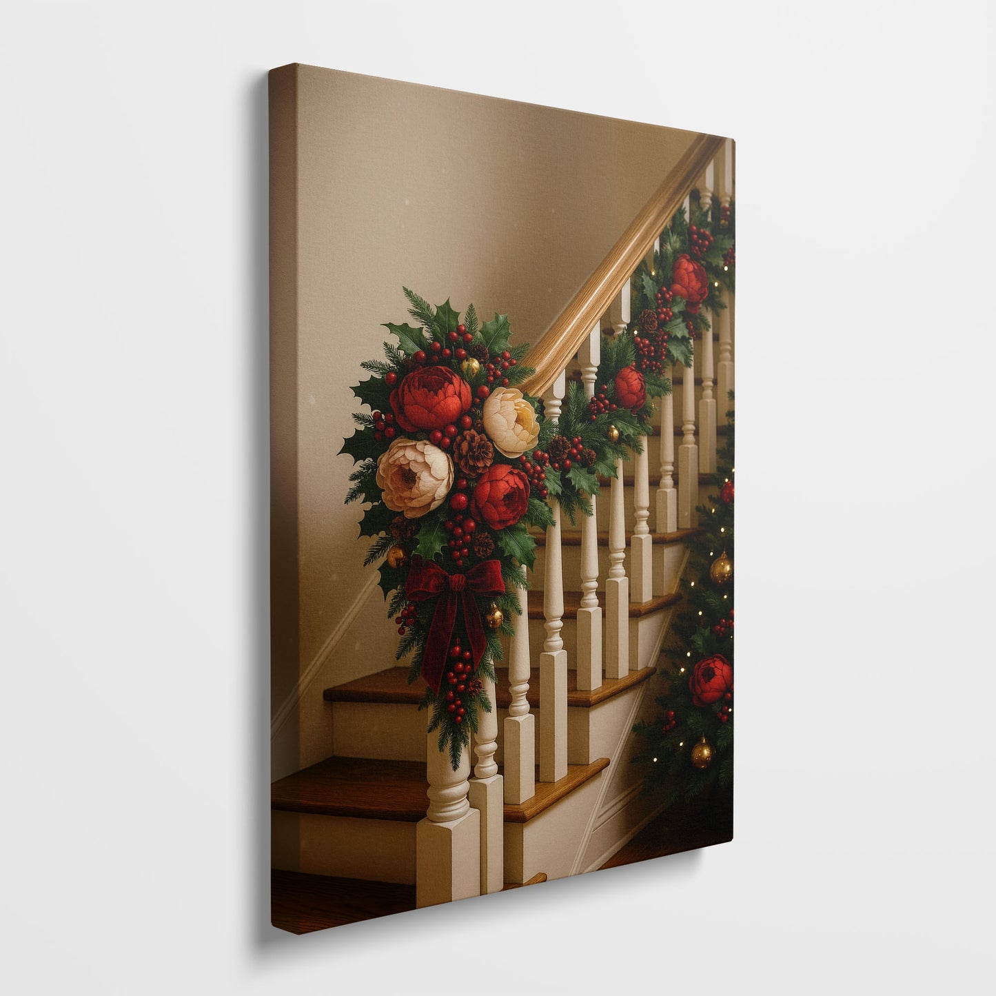 Christmas Staircase Canvas Wall Art – Cozy Holiday Home Decor
