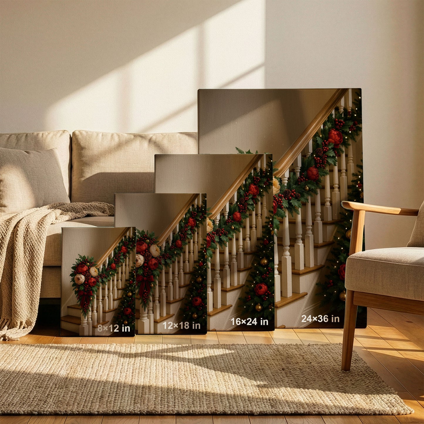 Christmas Staircase Canvas Wall Art – Cozy Holiday Home Decor
