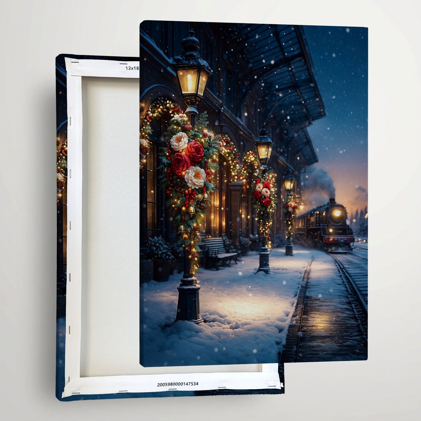 Christmas Train Station Canvas Wall Art – Winter Holiday Night Scene