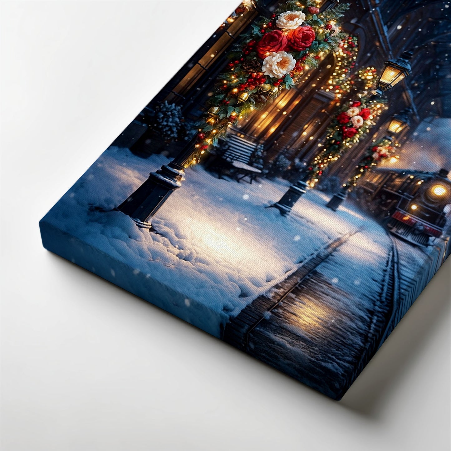 Christmas Train Station Canvas Wall Art – Winter Holiday Night Scene