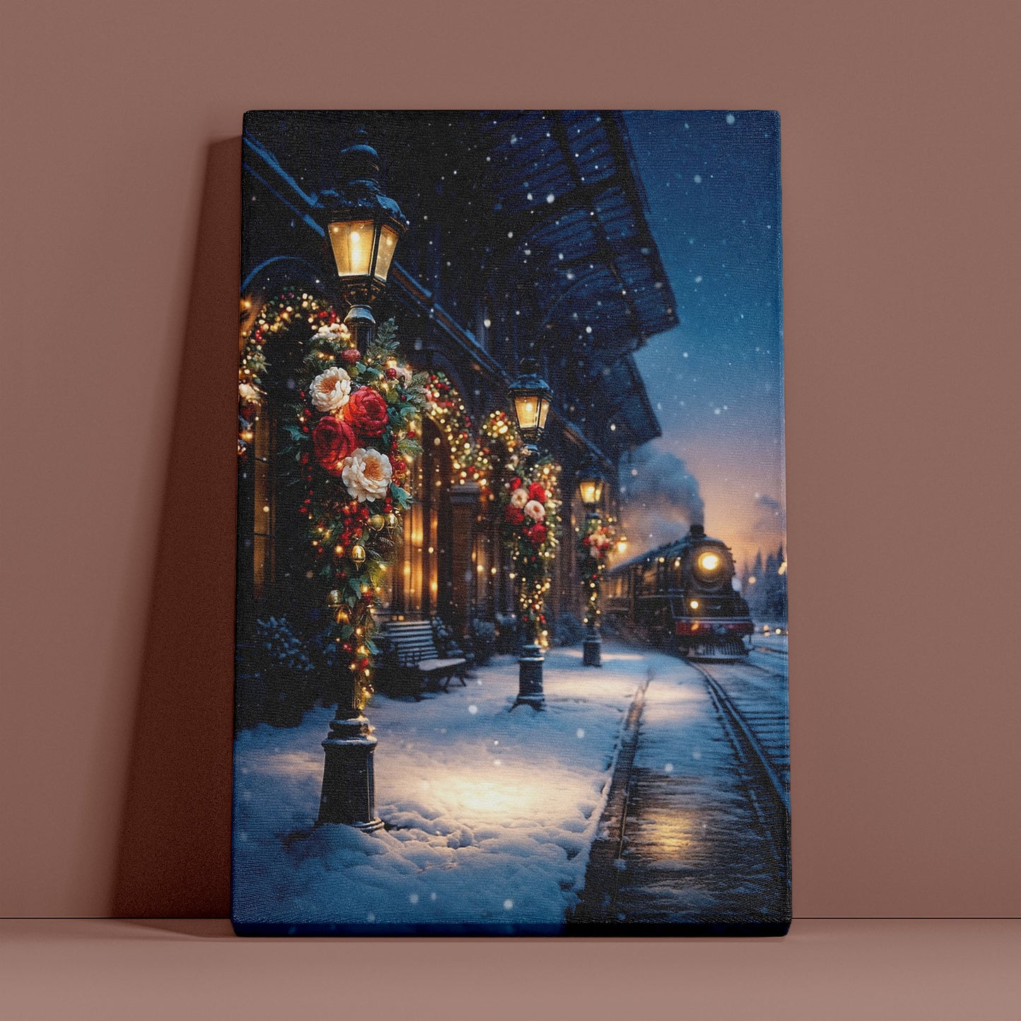 Christmas Train Station Canvas Wall Art – Winter Holiday Night Scene