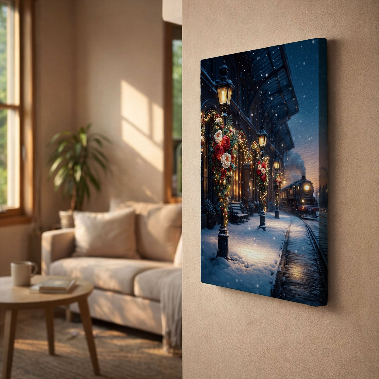 Christmas Train Station Canvas Wall Art – Winter Holiday Night Scene