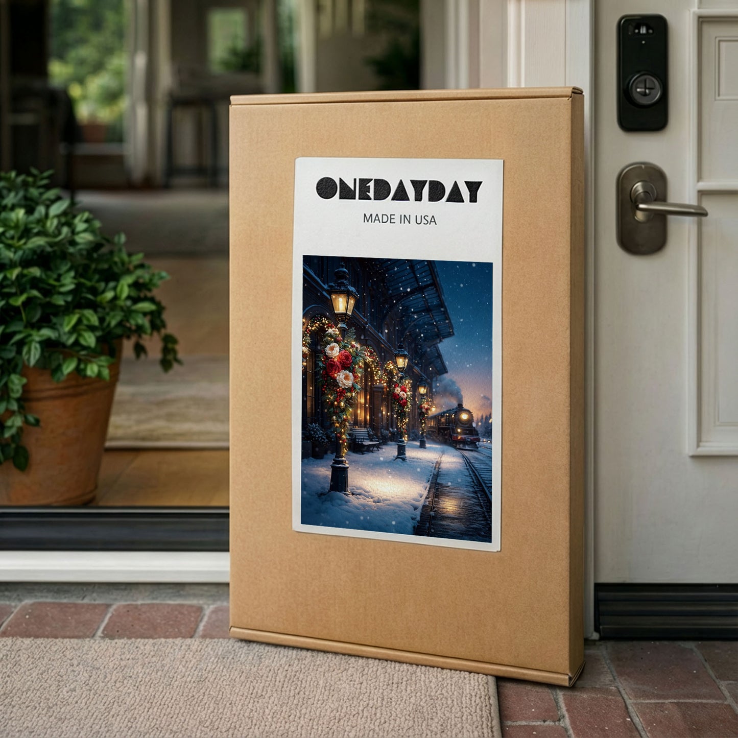 Christmas Train Station Canvas Wall Art – Winter Holiday Night Scene