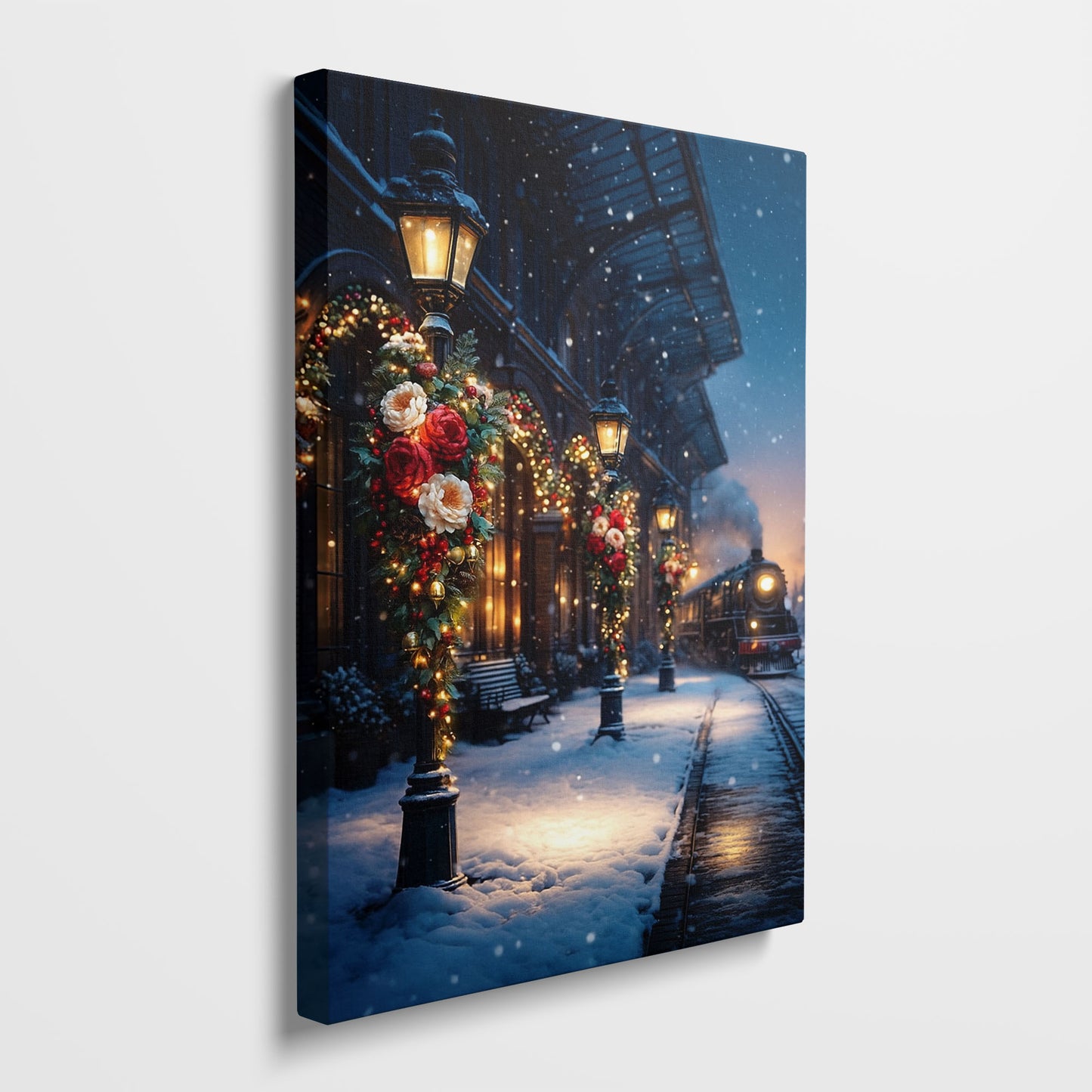 Christmas Train Station Canvas Wall Art – Winter Holiday Night Scene