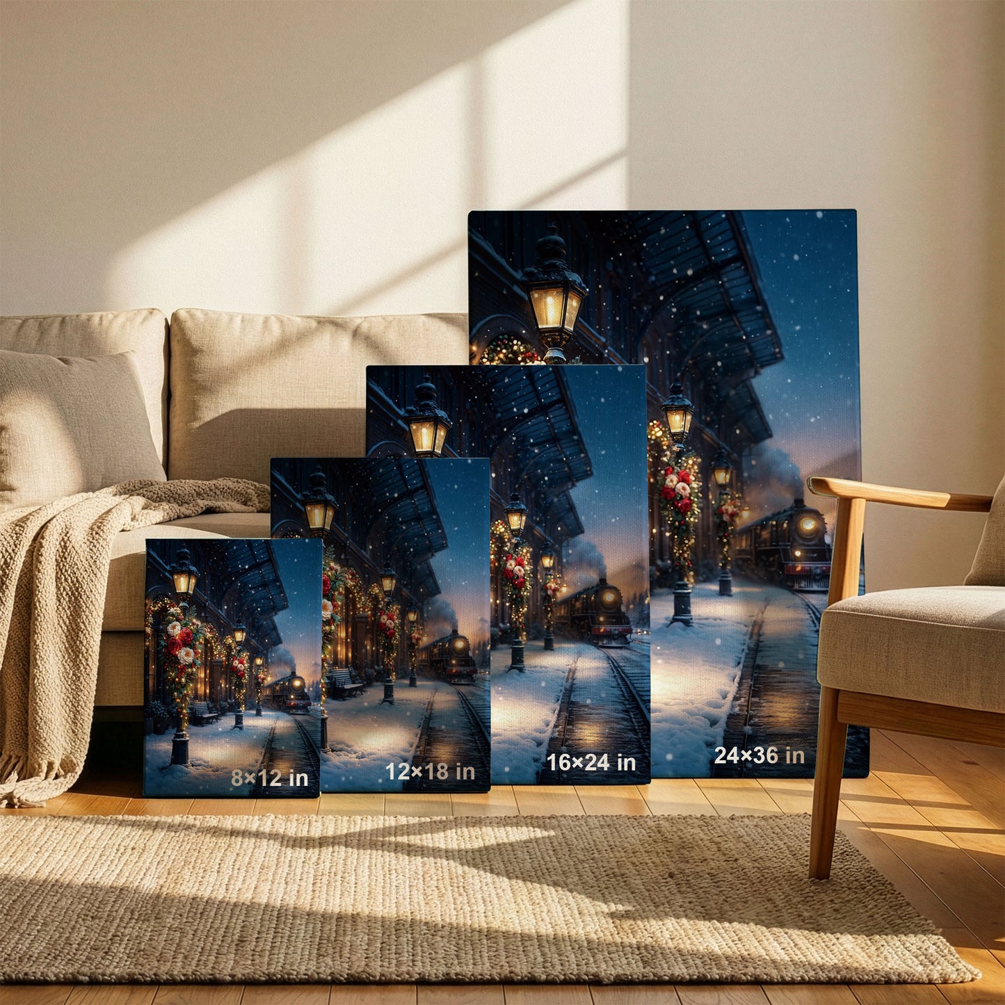 Christmas Train Station Canvas Wall Art – Winter Holiday Night Scene