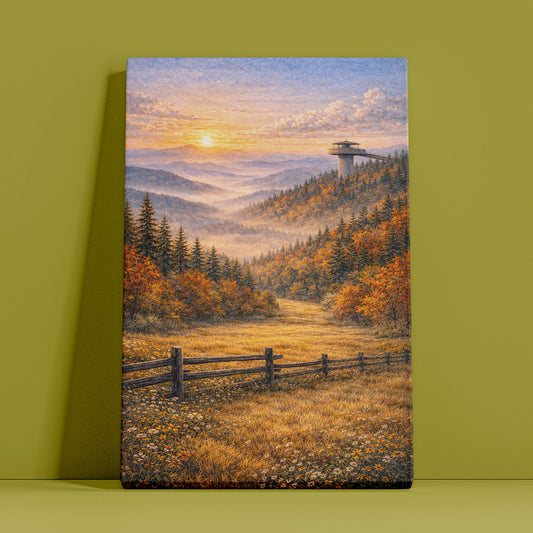 Great Smoky Mountains Canvas Art | Misty Forest Sunset Landscape Wall Decor