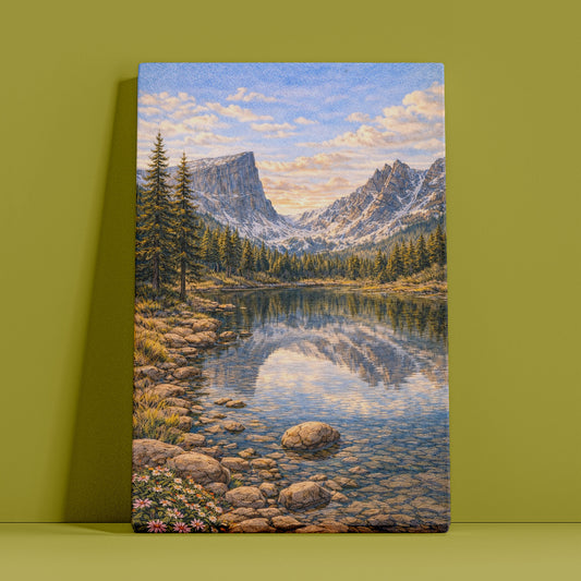 Rocky Mountain Canvas Art | Alpine Lake & Peak Landscape Wall Art