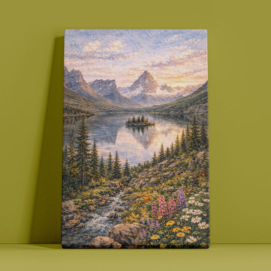Glacier National Park Canvas Art | Mountain Lake & Wildflower Landscape Wall Decor