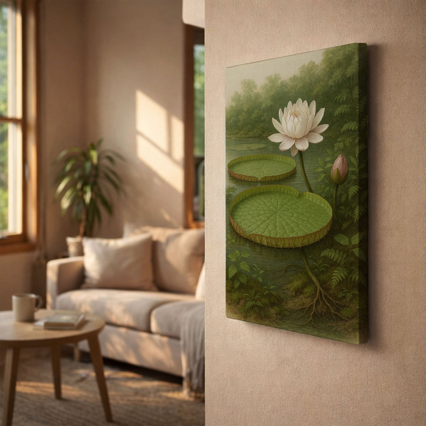 Water Lily in Still Waters – Botanical Illustration Canvas Wall Art