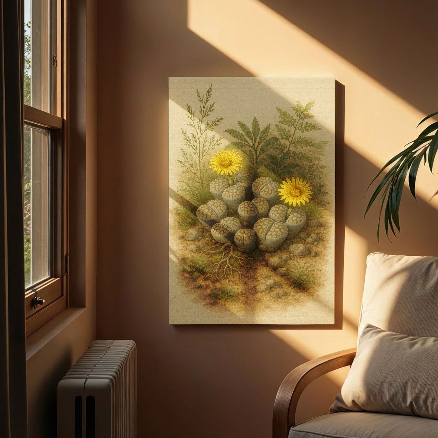 Blooming Lithops Illustration - Neutral Botanical Canvas Wall Art