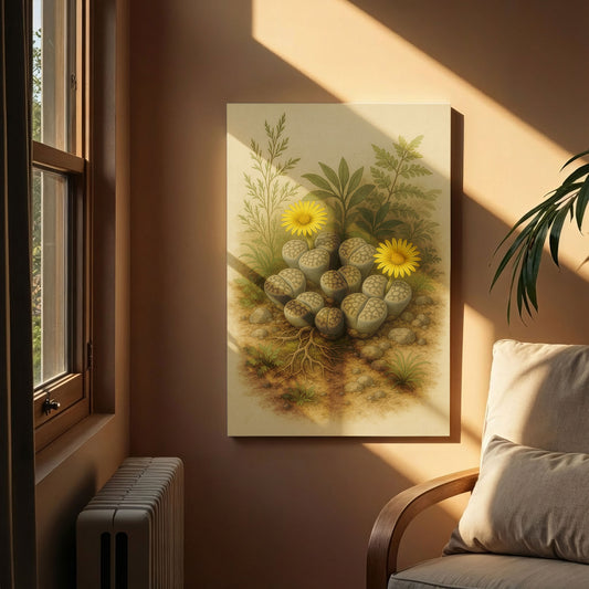 Blooming Lithops Illustration - Neutral Botanical Canvas Wall Art
